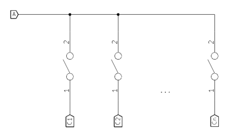 Multiple switches, one input (node A) Multiple switches, one input (node A)